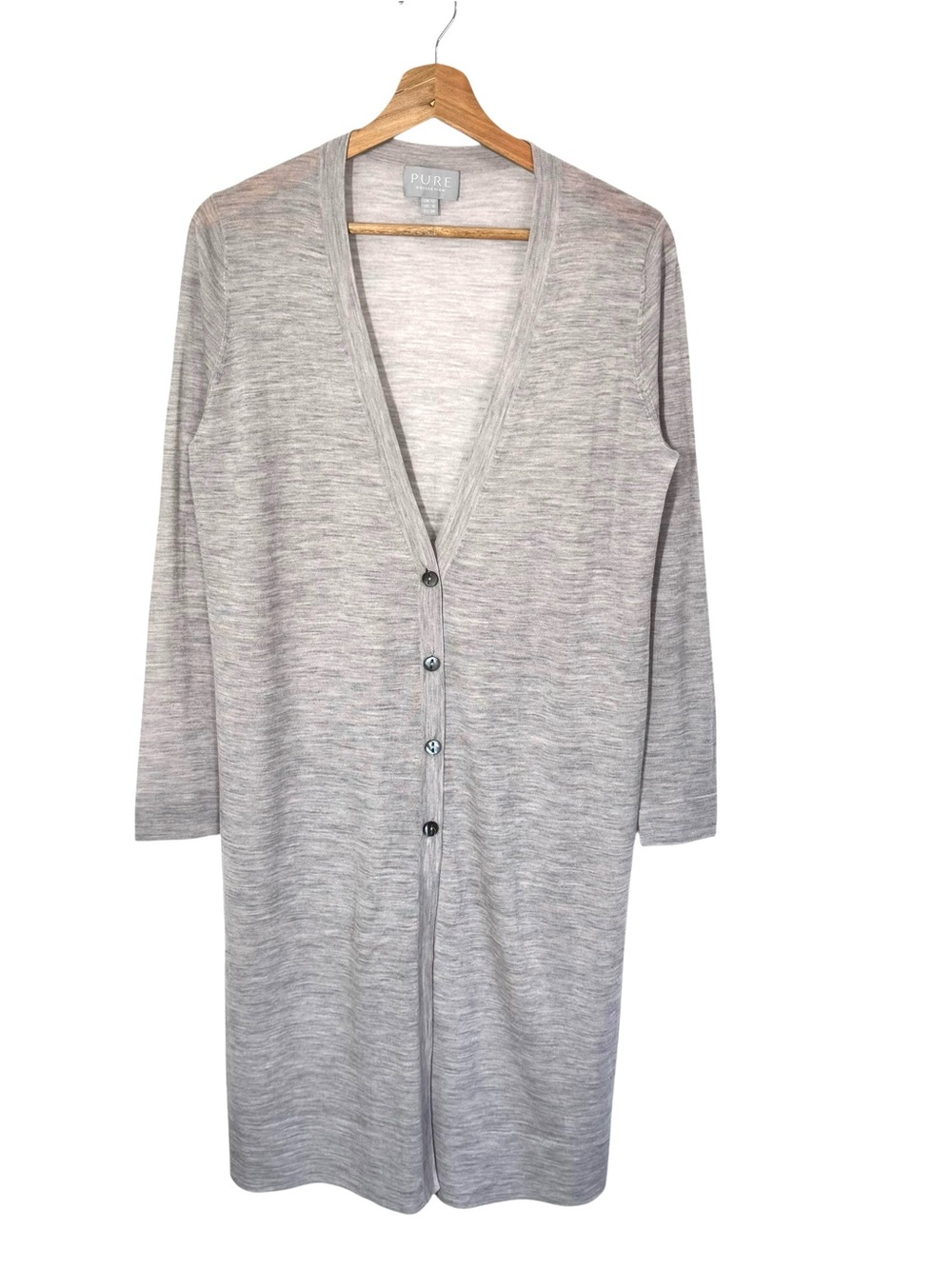 Pure Collection Superfine Wool Long Button Cardigan Sweater Women's 6 Grey Thin